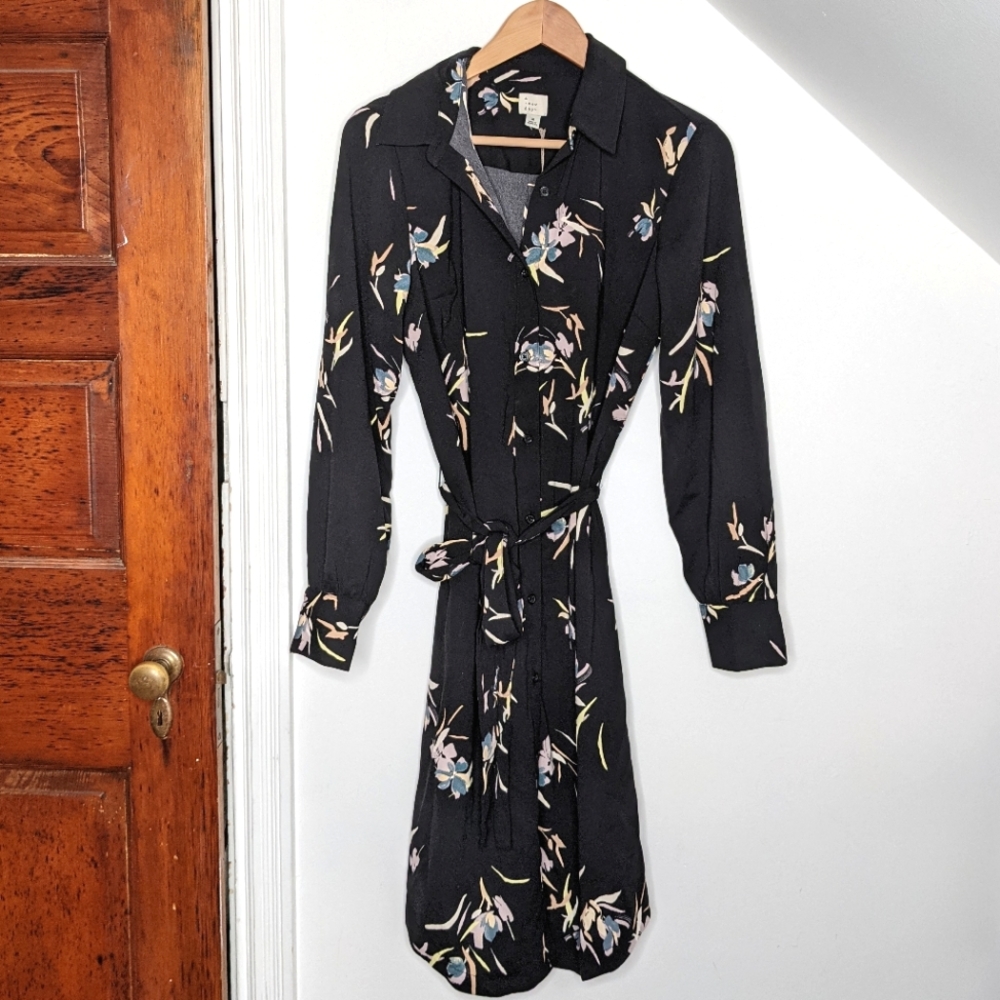 A NEW DAY Black Floral Print Long Sleeve Midi Shirt Dress NEW Size M